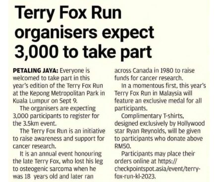 Terry Fox Run organisers expect 3,000 to take part (The Star)